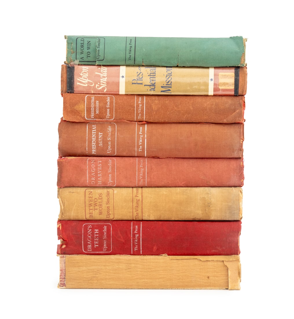 Upton Sinclair Books, 8: Collection of Eight Upton Sinclair Books, comprising: "Wide is the Gate", "A World to Win", "Dragon's Teeth", two copies of "Presidential Mission", "Dragon Harvest", "Presidential Agent", "Between