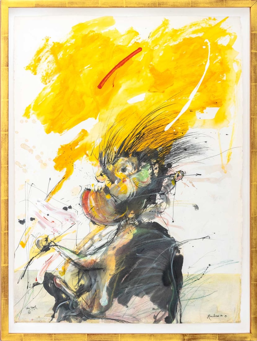 Robert Dandarov "Van Gogh VII" Mixed Media, 1982: Robert Dandarov (Macedonian/American, b. 1959), "Vincent", Mixed Media on Paper, 1982, signed and dated lower right, titled lower left, giltwood frame. Image: 30" H x 22" W; frame: 33.25" H x 25" W x