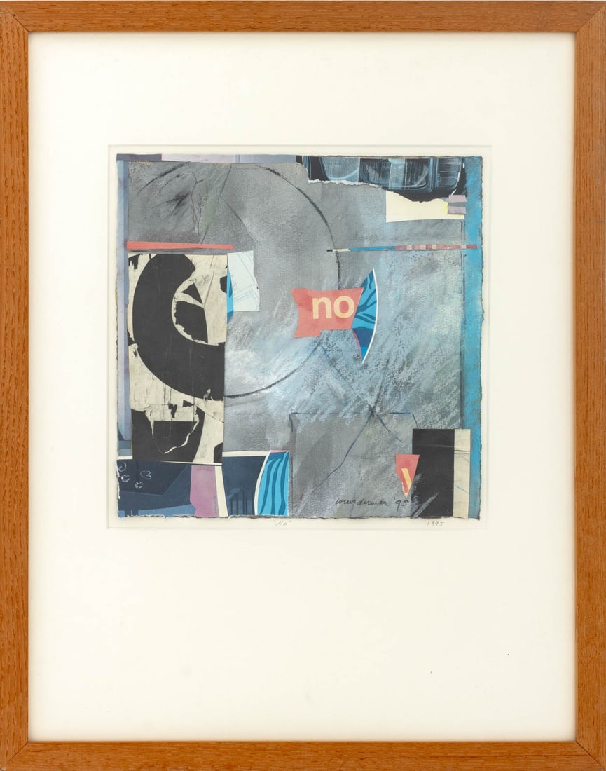 Jan Wunderman "No" Mixed Media Collage, 1995: Jan Darcourt Wunderman (American, born Canada, 1921-2014), "No", Mixed Media Collage, 1995, signed in pencil and dated lower right, dated and titled to mat board, wood frame. Image: 9" H x 9" W; frame