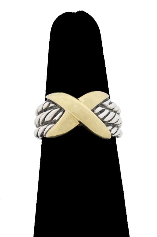 David Yurman 925 Silver 14K Gold Triple Cable Ring: David Yurman Sterling Silver 14K Yellow Gold Triple Cable Ring, designed as three silver cables crossed with one yellow gold X motif, marked: "(c) D.Y. D Yurman 925 14K". Measuring approx. US size 6