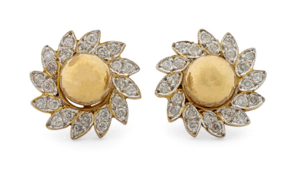 14K Yellow Gold Ball Studs & Diamond Jackets: Pair of 14K Yellow Gold Ball Studs and Diamond Jackets, featuring stud earrings approx. 6.0 mm, detachable from 14K yellow gold jackets adorned with 48 round brilliant cut diamonds weighing a total