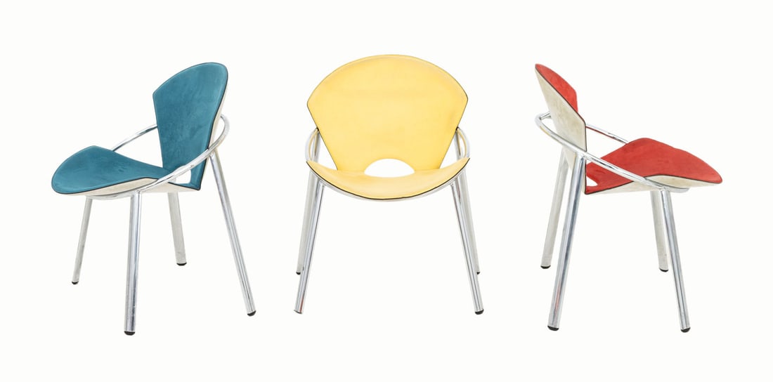 Giorgio Saporiti x Il Loft "Carol" Suede Chairs, 3: Set of Three Giorgio Saporiti for Il Loft "Carol" Suede Upholstered Dining Chairs, in red, teal, and yellow with grey backs atop chrome legs, "Made in Italy" labels to undersides. 31.5" H x 21.5"