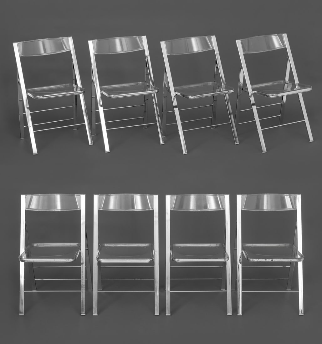 Castelli Plia Style Clear Lucite Folding Chairs, 8: Set of Eight Giancarlo Castelli Plia Style Clear Lucite Folding Chairs, with chrome frames, marked "AQI" to interior seat frames. 31" H x 18.5" W x 16.5" D; seat: 18.25" H. Provenance: From a Private