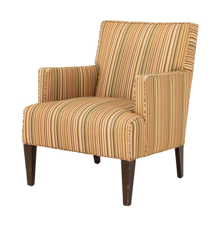 Edward Wormley Style Stripe Upholstered Armchair: Edward Wormley for Dunbar Style Striped Fabric Upholstered Arm Chair, on four wood feet. 34" H x 28" W x 28" D; seat: 18" H. Provenance: The Upper East Side Estate of Anne Kaufman Schneider, the