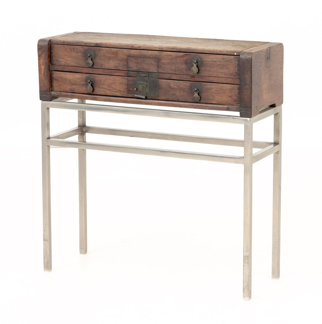 French Provincial Style Walnut Chest on Stand: French Provincial Style Walnut Chest on Later Aluminum Stand, with two frieze drawers. 23" H x 22" W x 8" D. Provenance: From a 28 East 70th Street Penthouse Estate. Keywords: Vintage Furniture, End