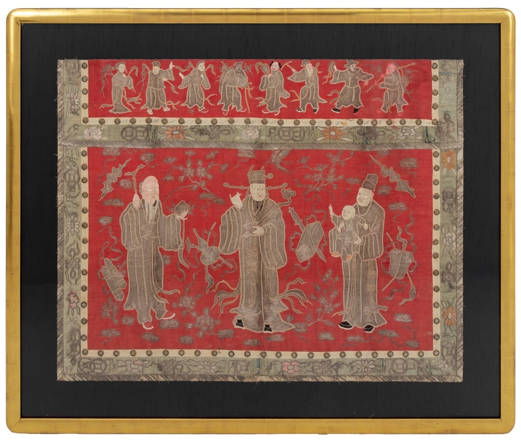 Chinese Figural Scene Embroidered Silk Textile: Chinese Figural Group Scene Embroidered Silk Textile Panel, 19th century, with mirrored embellishments and silver thread, giltwood frame. Image: 33.5" H x 42.75" W; frame: 45.25" H x 53.5" W.