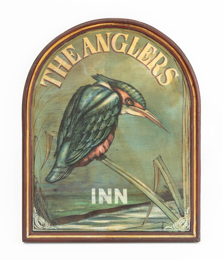 The Anglers Inn Polychrome Painted Wood Sign: The Anglers Inn Polychrome Painted Wood Sign, of arch form with gilt and red border centering a scene of a bird. 24" H x 19" W x 1.25" D. Provenance: From a Greenwich, Connecticut Estate. Keywords: