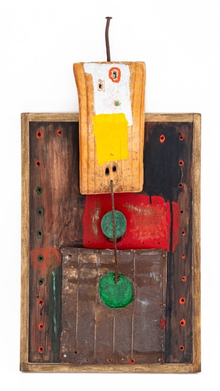 Uri Shulevitz Painted Wood Assemblage Sculpture: Uri Shulevitz (American, born Poland, 1935-2025) Painted Wood Assemblage Sculpture, 1993, with embedded nails and metal wire, initialed and dated lower left. 20.25" H x 10.5" W x 3.5" D. Provenance: F