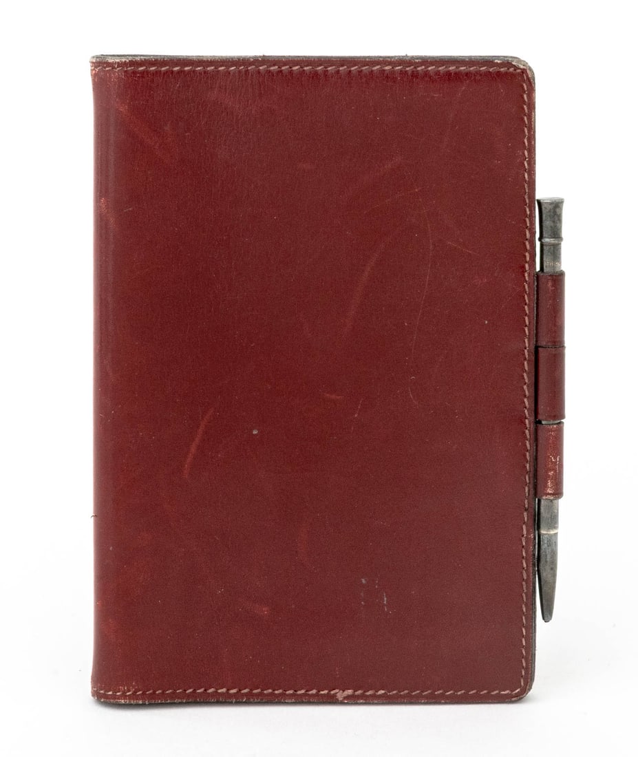 Hermes Red Leather Travel Writing Case Set: Hermes Red Leather Travel Writing Case Set, with sterling silver miniature pencil, the case marked in gilt "Hermes / Paris", the pencil struck with French hallmarks. Case: 5.25" H x 4" W x 0.5" D. Pro