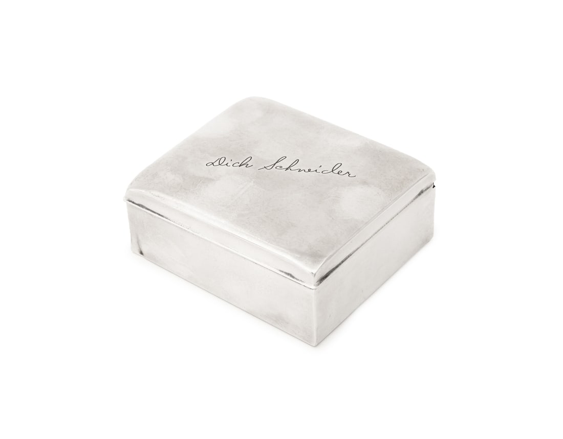 Poole Silver Co. Sterling Box with Wood Lining: Poole Silver Company American Sterling Silver Humidor, with wood lined interior, engraved "Dick Schneider" to the lid, marked "Sterling by Poole 14". Weight: 7.10 ozt. inclusive of wood lining; 1.5" H
