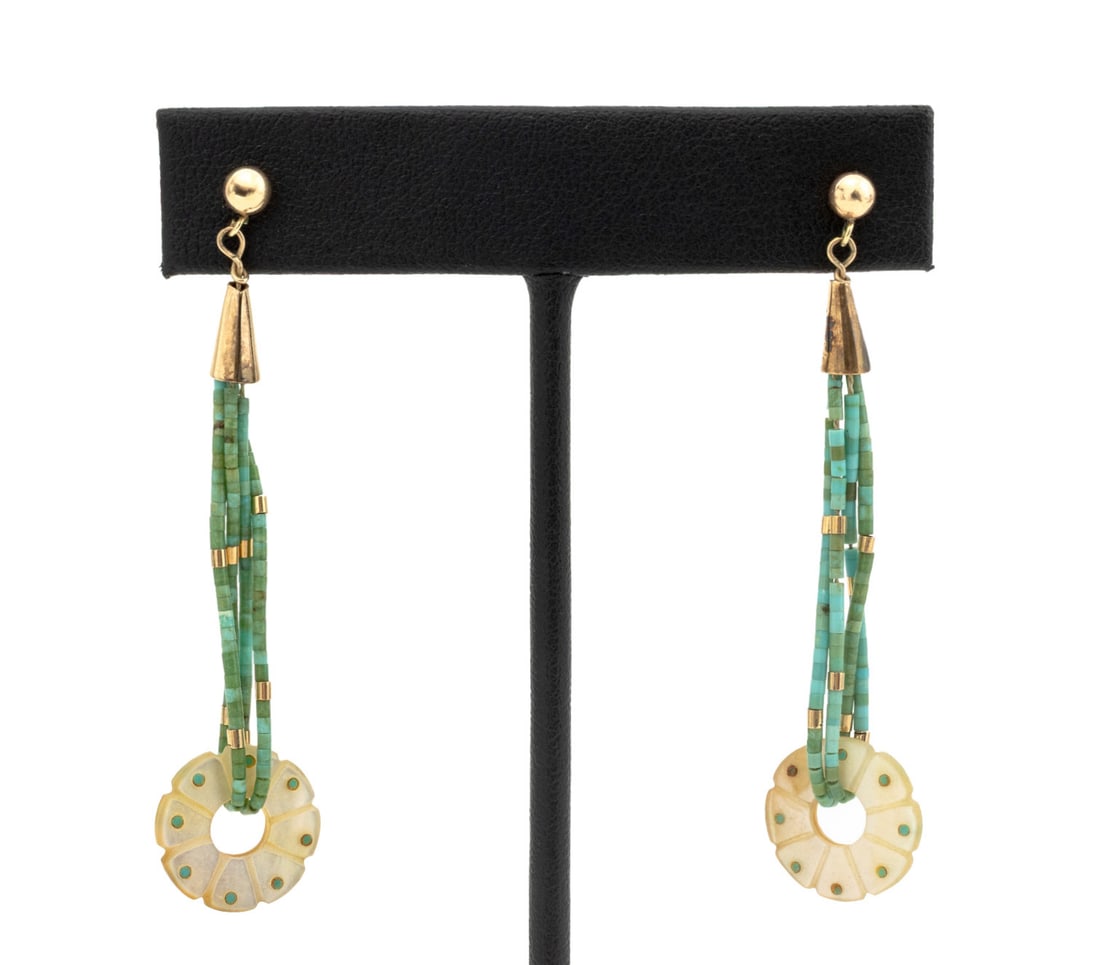 14K Gold Turquoise Mother-of-Pearl Dangle Earrings: Pair of 14K Yellow Gold Turquoise Mother-of-Pearl Earrings, featuring two mother of pearl discs decorated with turquoise inlays, suspended from double stranded loops of turquoise and 14K gold tubular