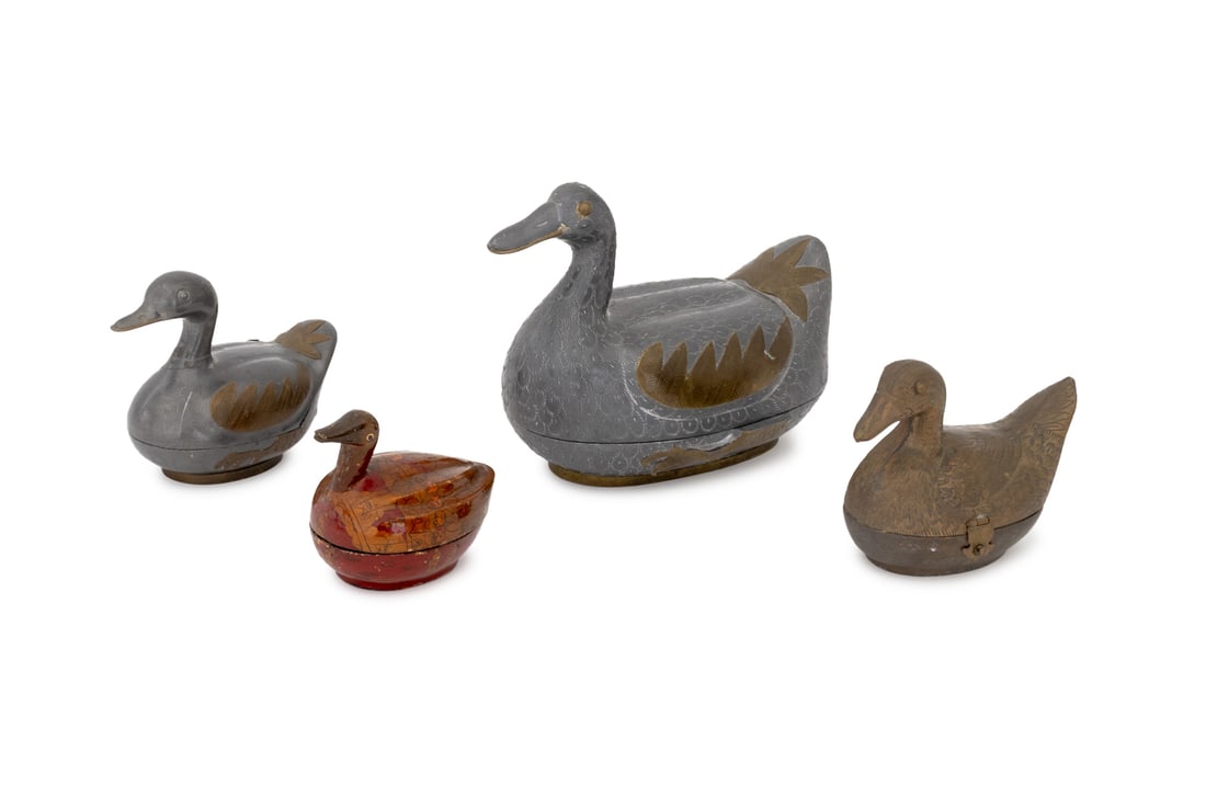Chinese Duck Form Covered Boxes, 4: Group of Four Chinese Duck Form Covered Boxes, comprising: (1) one painted papier mache with figural motif to the lid, (2) two mixed metal each marked "Hong Kong" to underside, and (1) one gilt metal