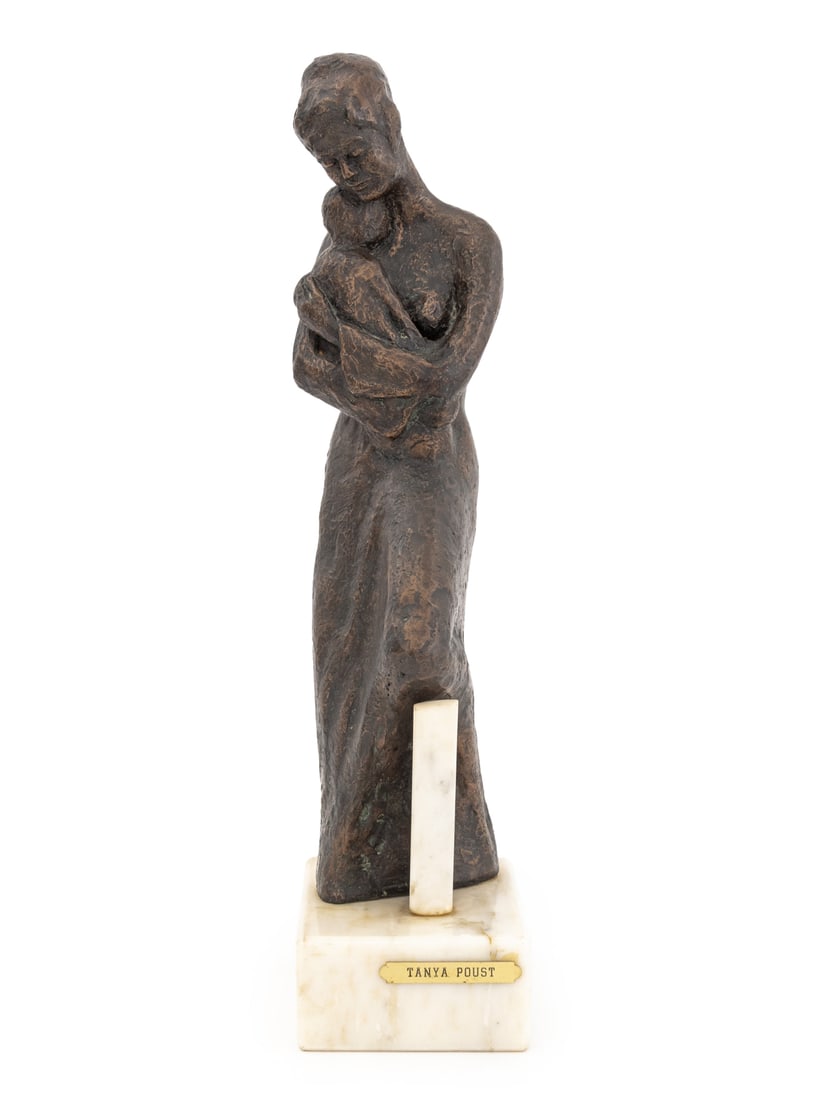 Tanya Poust Mother & Child Patinated Bronze: Tanya Poust (American, XX) Mother and Child Patinated Bronze Sculpture, mounted on a white marble base. 18.25" H x 4.25" W x 5.5" D. Provenance: From a New York City Collection. Keywords: Statue,