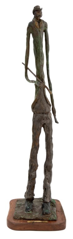 Ray Niegel "Sunday Walk" Bronze Sculpture, 1987: Ray Niegel (American, XX) "Sunday Walk" Patinated Bronze Sculpture, 1987, depicting a gentleman with a cane tucked under his arm, signed, dated, and numbered edition "1/100" to reverse, titled to