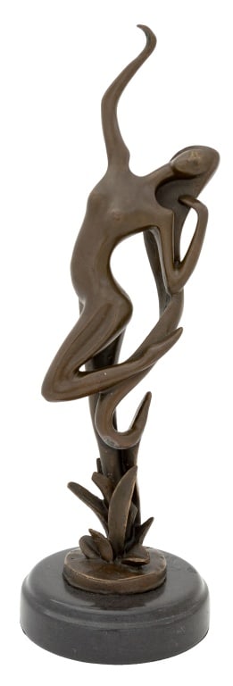 Aldo Vitaleh Nude Woman Patinated Bronze: Aldo Vitaleh (Italian, XX) Standing Nude Woman Patinated Bronze Sculpture, signed on base, mounted on ebonized circular plinth. 14.25" H x 4.5" Diameter. Provenance: From a New York City Collection.