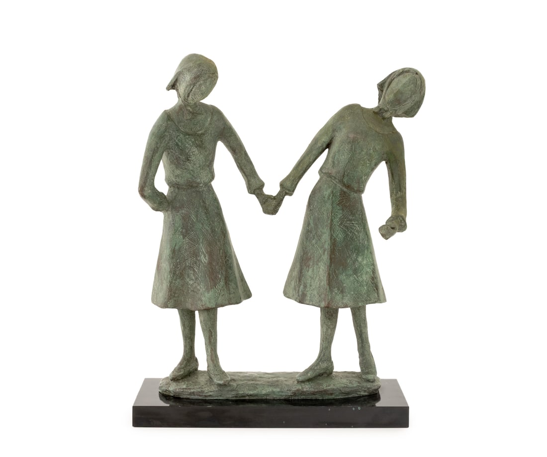 Contemporary Two Figures Bronzed Resin Sculpture: Contemporary School Two Figures Bronzed Resin Sculpture, with a verdigris green finish, unsigned, the two female figures walking wearing head scarves, mounted on ebonized wood base. Overall: 17.5" H