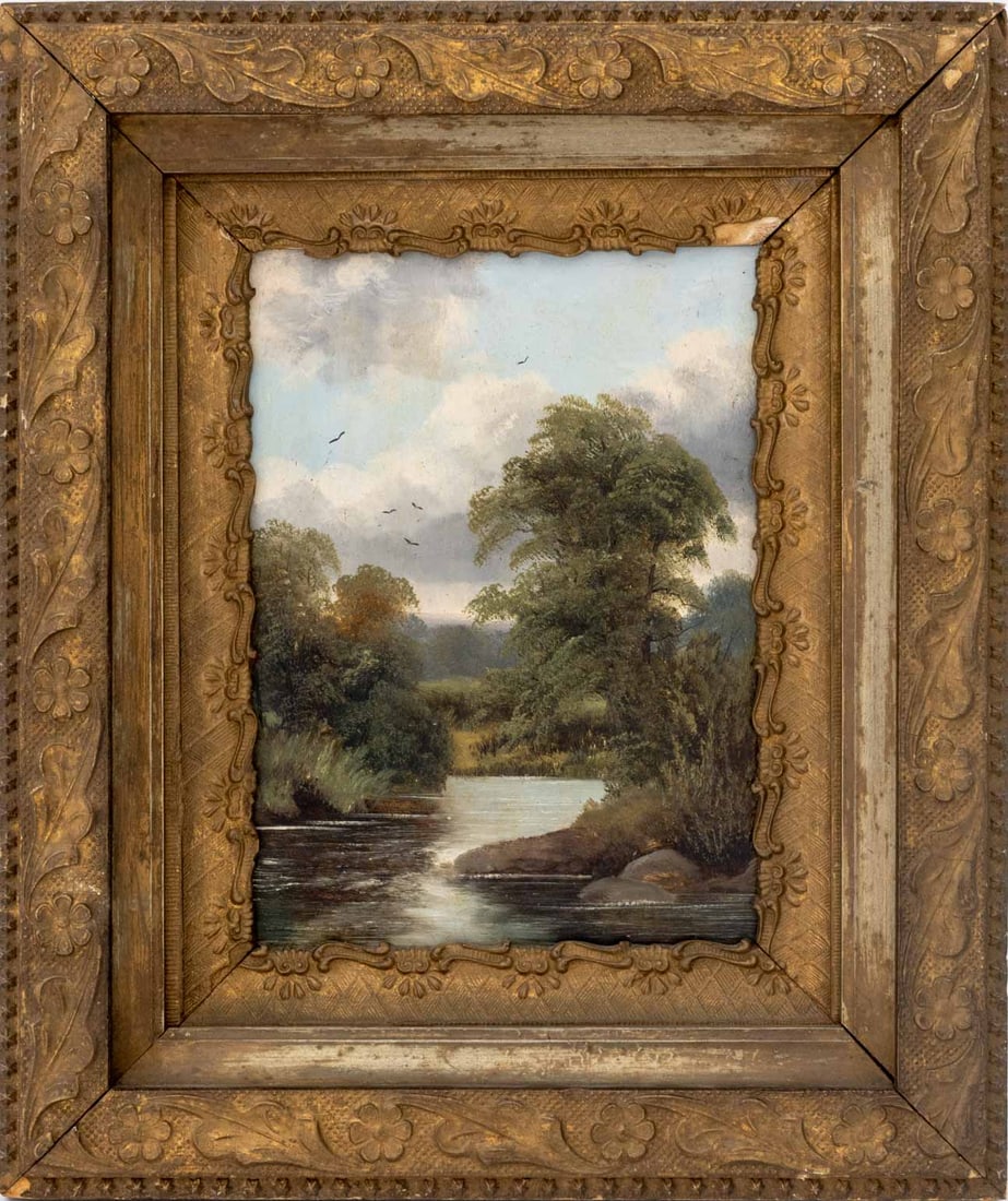 English School River Landscape Scene Oil on Board: English School, River Landscape Scene, Oil on Board, unsigned, floral giltwood frame. Image: 7.5" H x 5.5" W; frame: 13" H x 10.75" W x 1.75" D. Provenance: From an Upper East Side Collection.