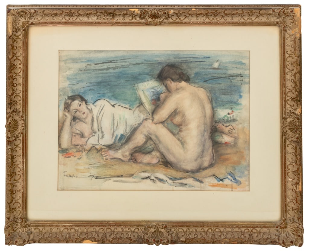 Josef Foshko Bathers Scene Watercolor: Josef Foshko (Russian, 1891-1971), Bathers Scene, Watercolor on Paper, signed lower left, giltwood frame. 15" H x 20.25" W; frame: 25.25" H x 31.5" W. Provenance: From a 5th Avenue Estate. Keywords: