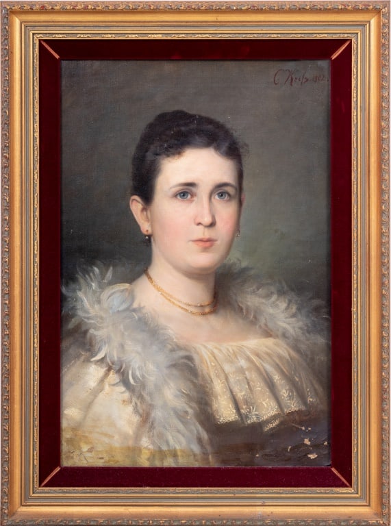 C. Keils Portrait of a Woman Oil on Canvas, 1902: C. Keils (American, XIX-XX), Portrait of a Woman, Oil on Canvas, 1902, signed and dated upper right, giltwood frame. Image: 22" H x 15" W; frame: 27.75" H x 20.75" W. Keywords: Paintings, Oil