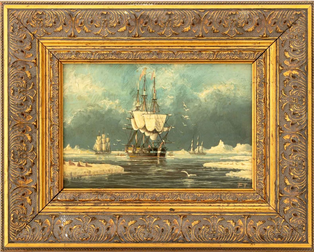 Signed "Whalers in the Arctic" Oil on Panel: American School, "Whalers in the Arctic", Oil on Panel, signed "FT" lower right, gilt composition frame. Image: 4.5" H x 6.75" W; frame: 9.25" H x 11.5" W x 1.25" D. Provenance: From a Greenwich,