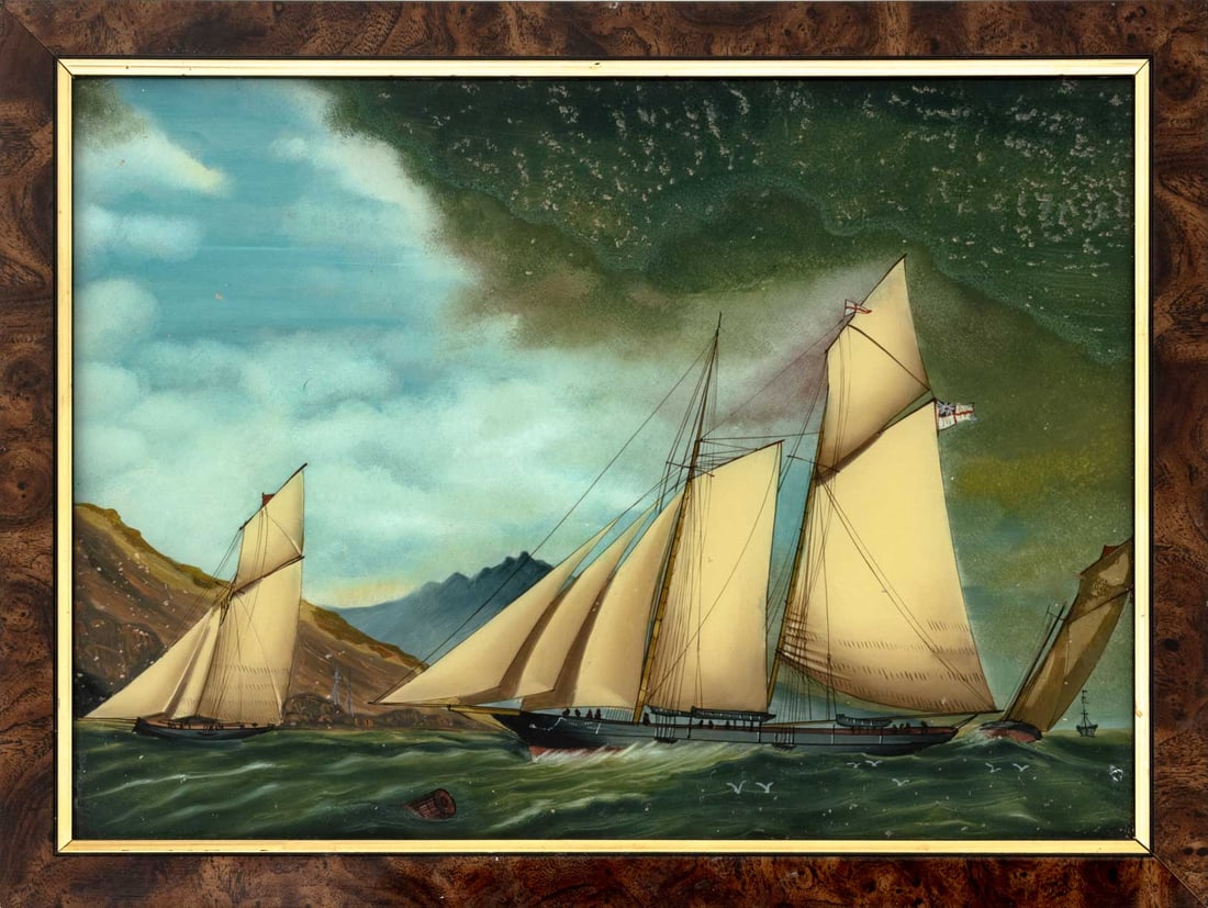 English School Royal Navy Ships Gouache: English School, Royal Navy Ships Approaching Land, Gouache on Board, unsigned, wood frame. 10" H x 14" W; 12" H x 16" W x 0.5" D. Provenance: From a Greenwich, Connecticut Estate. Keywords: