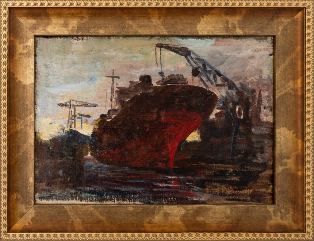 Eric Rebane "At the Port. Ship." Oil on Canvas: Eric Rebane (Russian, 1922-1999), "At the Port. Ship.", Oil on Canvas, circa 1950, unsigned, with a Certificate of Authenticity from the International Art Fund verso, giltwood frame. Image: 12.5" H x