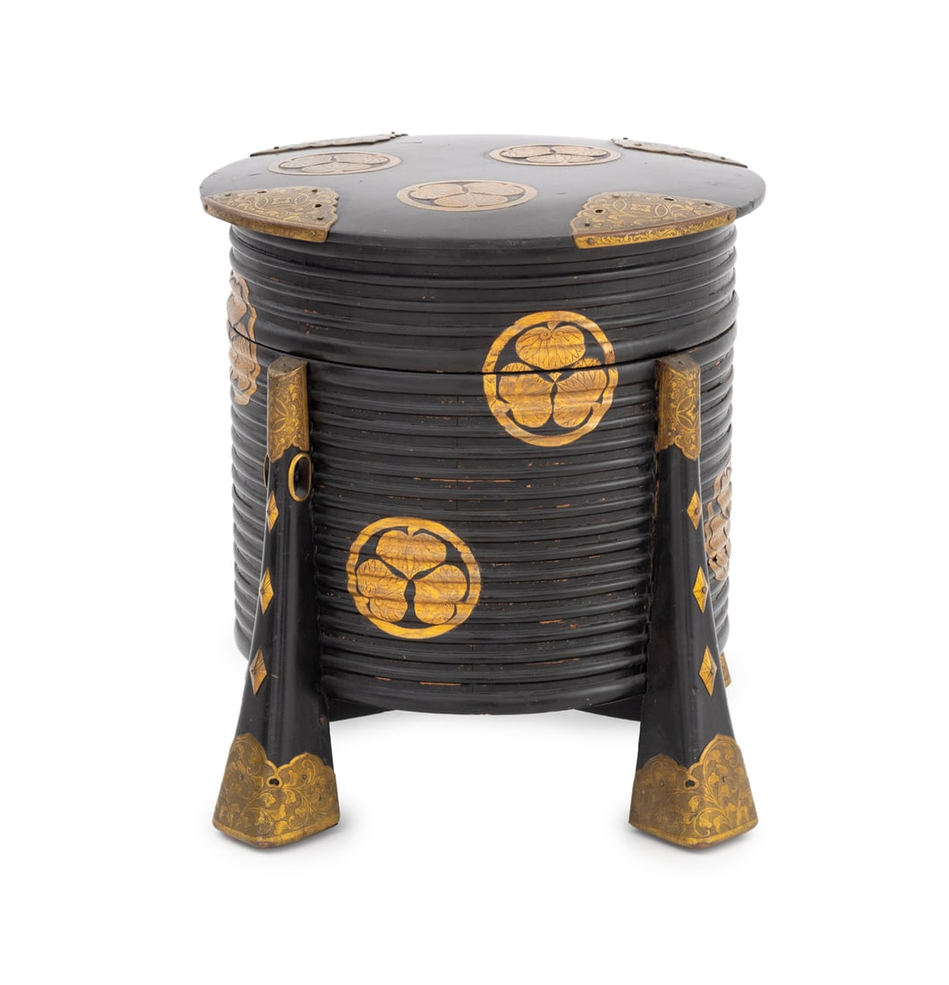 Japanese Brass Mounted Lacquered Hokkai: Japanese Brass Mounted Lacquered Hokkai, the covered box with ribbed body and four supports. 15" H x 14" Diameter. Provenance: From a 955 Fifth Avenue Apartment. Keywords: Kaioke, Asian Art, Meiji Per