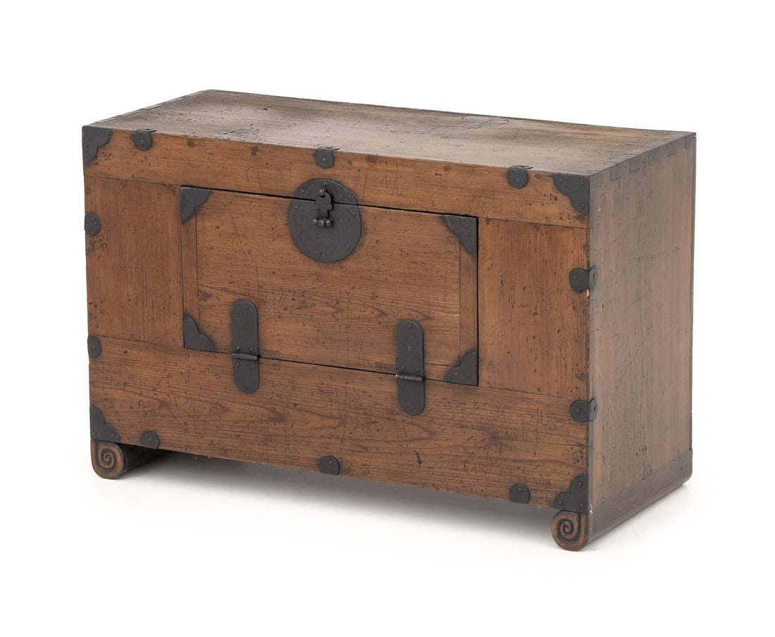 Korean Iron Mounted Elm Bandaji: Korean Iron Mounted Elm Bandaji, with drop front door opening to storage compartment. 20" H x 30.5" W x 13.5" D. Provenance: From a 28 East 70th Street Penthouse Estate. Keywords: Antique Furniture, A