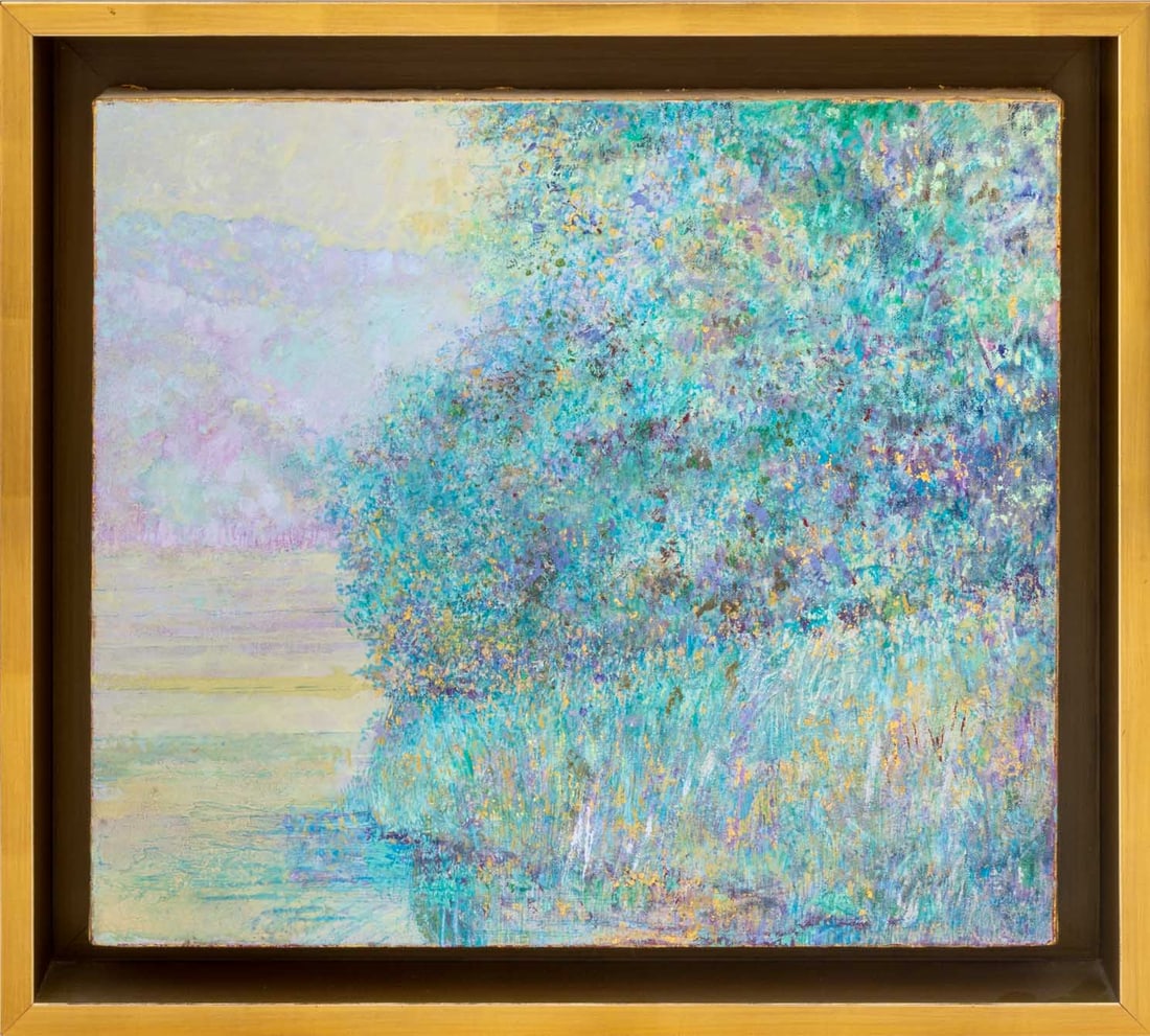 Ernest Garthwaite Abstract Landscape Scene, 2017: Ernest Garthwaite (American, b. 1940), Post-Impressionist Abstract Landscape Scene, Mixed Media with Gold Leaf on Canvas, 2017, figural composition verso, signed, dated, and inscribed verso, giltwood