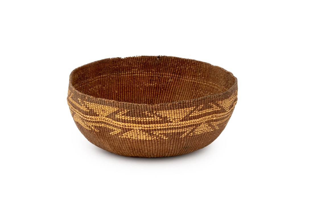 Native American Woven Hupa Mush Bowl: Native American Woven Hupa Mush Bowl, "35" label to underside. 4.25" H x 8.5" Diameter. Provenance: From a Chelsea Townhouse. Keywords: Native American Art, Baskestry, Weaving, Hand-woven, First Natio