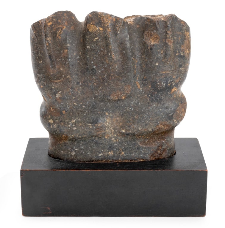 Mezcala Pre-Columbian Three Headed Stone Figure: Mezcala Pre-Columbian Three Headed Stone Figure, Guerrera, Mexico, mounted on ebonized wood base. Sculpture: 4.25" H x 4.5" W x 1.5" D; overall: 5.75" H x 5.5" W x 2.5" D. Provenance: From the Upper E