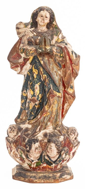 Our Lady of Immaculate Conception Sculpture: Our Lady of Immaculate Conception Polychrome Painted and Carved Wood Sculpture, 19th century, with hand-painted gilt accents. 9.25" H x 4" W x 2.75" D. Provenance: From a Greenwich, Connecticut Collec