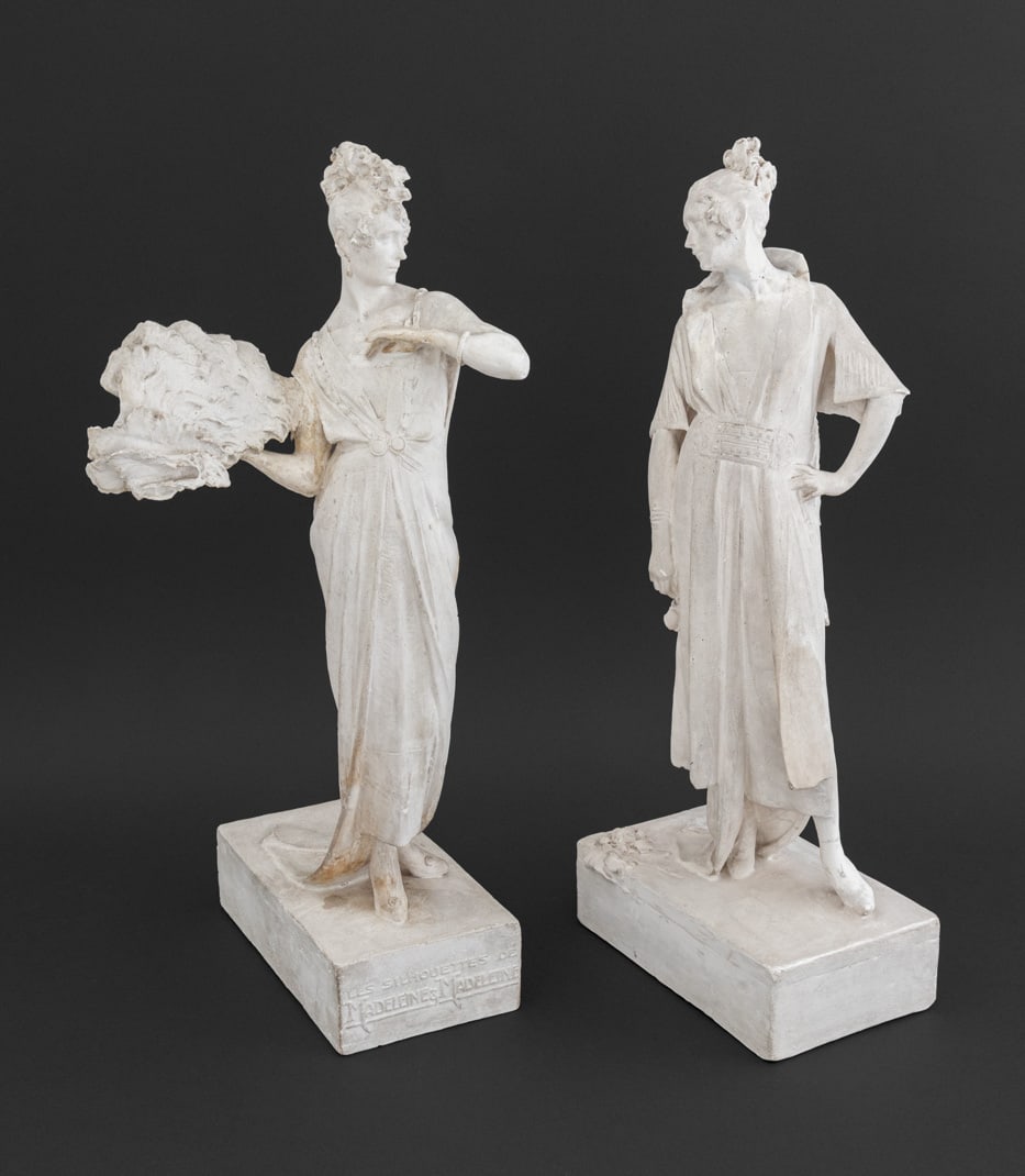 Joao da Silva Madeleine & Madeleine Sculptures, 2: Joao da Silva (Portuguese, 1880-1960) "Les Silhouettes de Madeleine & Madeleine" Plaster Sculptures, 1920, each signed to base. Larger: 21.75" H x 9.5" W x 8.75" D. Provenance: The Upper East Side Est