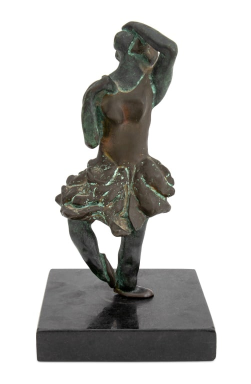 Illegibly Signed Ballerina Bronze Sculpture, 1988: American School Ballerina Patinated Bronze Sculpture, 1988, illegibly signed and dated to the standing leg, mounted on a black marble base. Overall: 11" H x 5.75" W x 5.75" D. Provenance: From a New Y