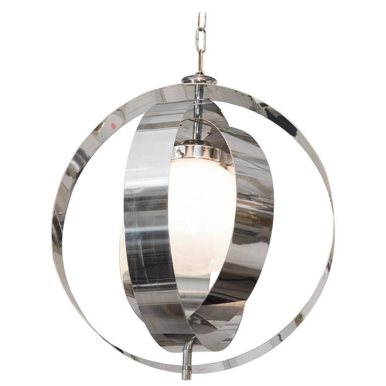 Italian Armillary Style Chrome Pendant Lamp, 1970s: Italian Armillary Style Globe Pendant Lamp, 1970s, the frosted glass globe surrounded by three layers of polished chrome rings, wiring and sockets to US standard, requires a single Edison base bulb.