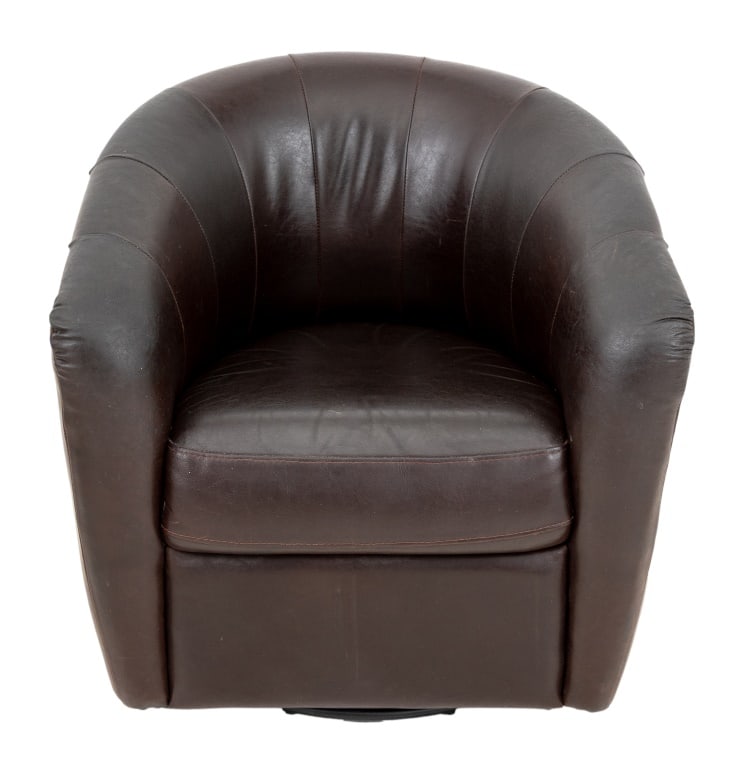 Art Deco Style Brown Leather Swivel Tub Chair: Art Deco Style Brown Leather Swivel Tub Chair. 32.25" H x 32.5" W x 31.5" D; seat: 18" H. Provenance: From an Upper East Side Collection. Keywords: Vintage Furniture, Club chair, Lounge chair, Upholst