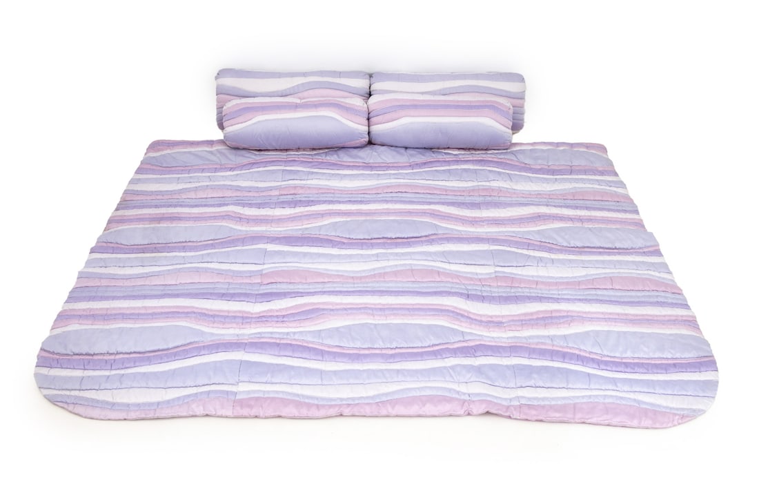 J. Robert Scott Custom Purple Bedding, 5 Pcs.: Group of Five J. Robert Scott Custom-Made Purple Satin Bedding Pieces, in a multi-tonal swirl pattern, comprising: four pillows and one dust runner, with "J. Robert Scott" notecard. Blanket: 84" L x