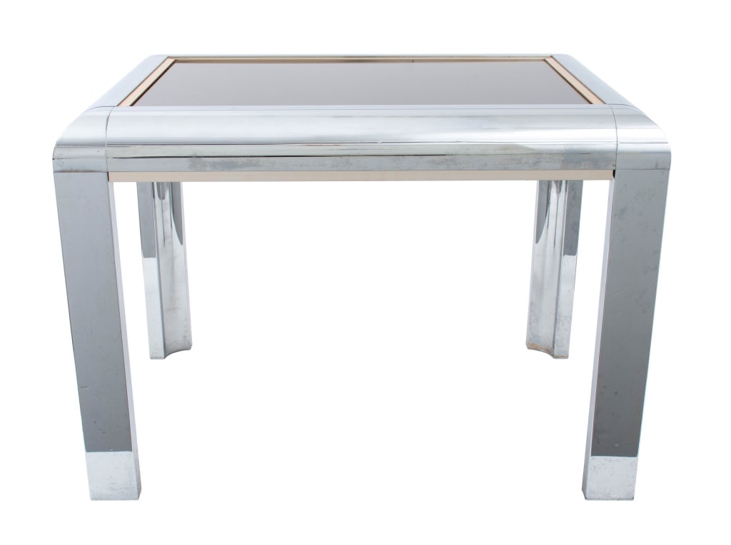 Milo Baughman Chrome & Gilt Brass Side Table: Milo Baughman Chrome and Gilt Brass Side Table, with smoked glass top. 20" H x 28" W x 20" D. Provenance: Property from the Long Island residence of a collector and longtime friend of Victor Salmones