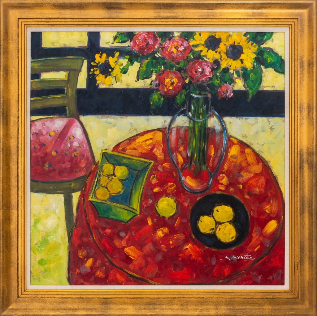 S. Montey Still Life of Bouquet and Fruit Acrylic: S. Montey (XX-XXI), Still Life Scene of Bouquet and Fruit, Acrylic on Canvas, signed lower right, giltwood frame. Image: 29.75" H x 29.5" W; frame: 36.75" H x 36.75" W. Provenance: From a New York