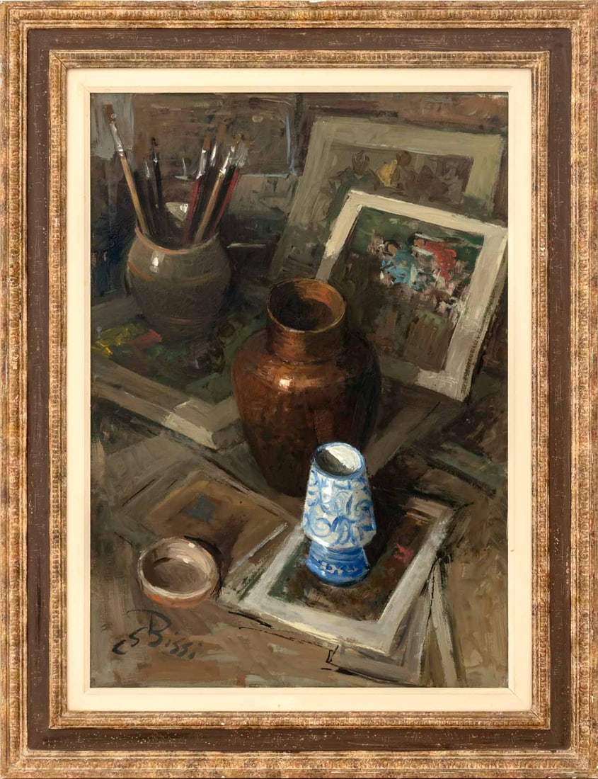 Sergio C. Bissi Still Life with Paintbrushes Oil: Sergio Cerno Bissi (Italian, 1902-1987), Still Life Scene with Paintbrushes, Oil on Canvas, signed lower left, sponge painted wood frame. Image: 27 H x 18.75" W; frame: 35" H x 27" W x 2.5" D.