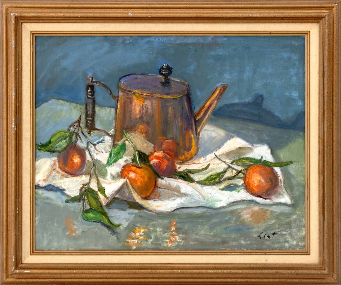 Adela Smith Lintelmann Still Life Oil on Canvas: Adela Smith Lintelmann (American, 1902-1996), Still Life Scene with Copper Kettles and Oranges, Oil on Canvas, signed "Lint" lower right, signed "Adela Lintelmann" verso, gilt frame. Image: 15.5" H x
