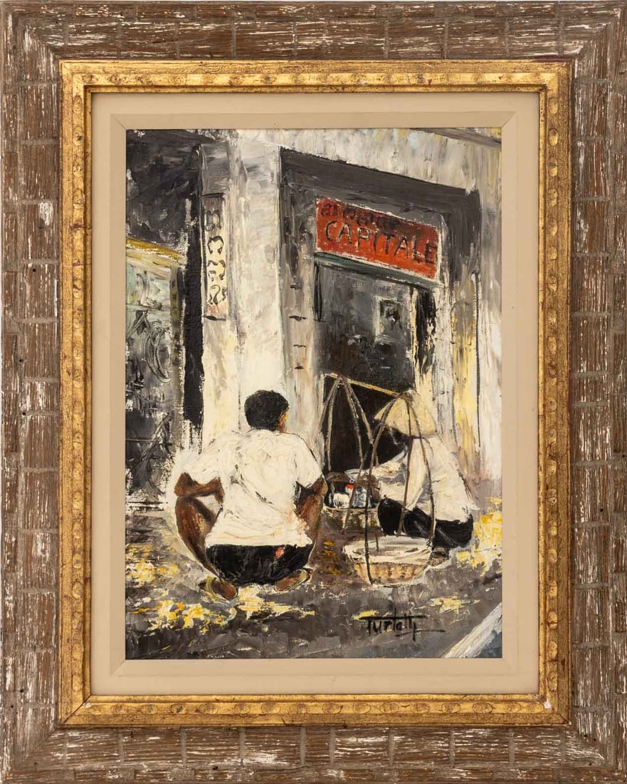Illegibly Signed "Scene de Rue ..." Oil on Canvas: French School, "Scene de Rue ...", Oil on Canvas, illegibly signed "Turletti (?)" lower right, titled verso, distressed wood frame. Image: 18: H x 12.5" W; frame: 26.5" H x 21.25" W x 1.75" D.