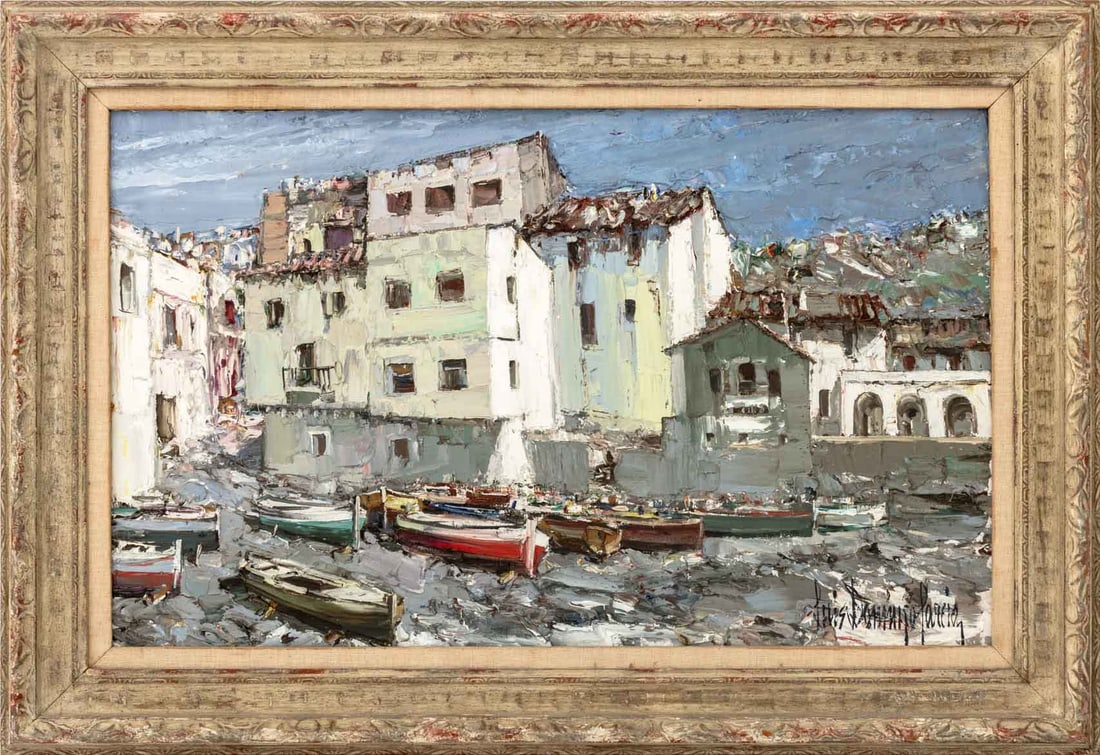 Luis Domingo Garcia Harbor Landscape Oil on Canvas: Luis Domingo Garcia (Spanish, 1924-2001), Harbour Landscape Scene, Oil on Canvas, signed lower right, painted wood frame. Image: 19.5" H x 31.5" W; frame: 27" H x 39.25" W x 1.75" D. Provenance: From