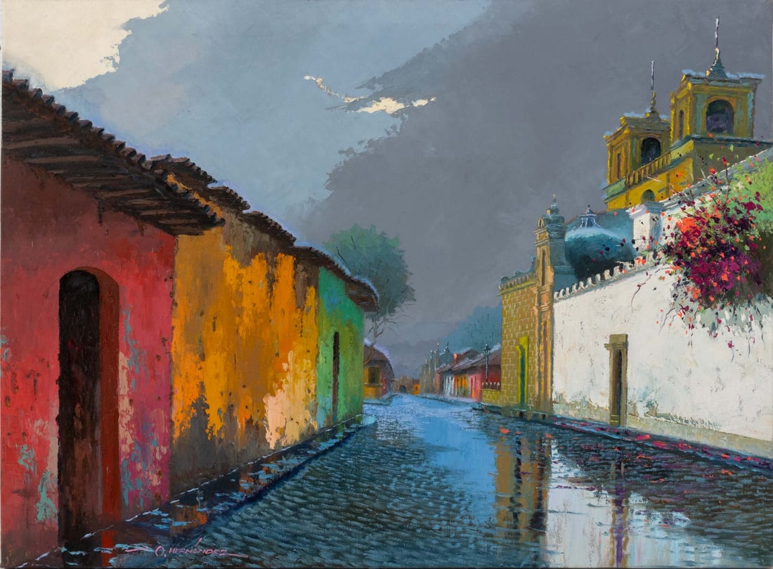 Illegibly Signed Colorful Cityscape Oil on Canvas: Contemporary School, Colorful Cityscape Scene, Oil on Canvas, illegibly signed "O. Hernandez (?)" lower left, unframed. 34" H x 46" W x 1" W. Provenance: From a Greenwich, Connecticut Estate.