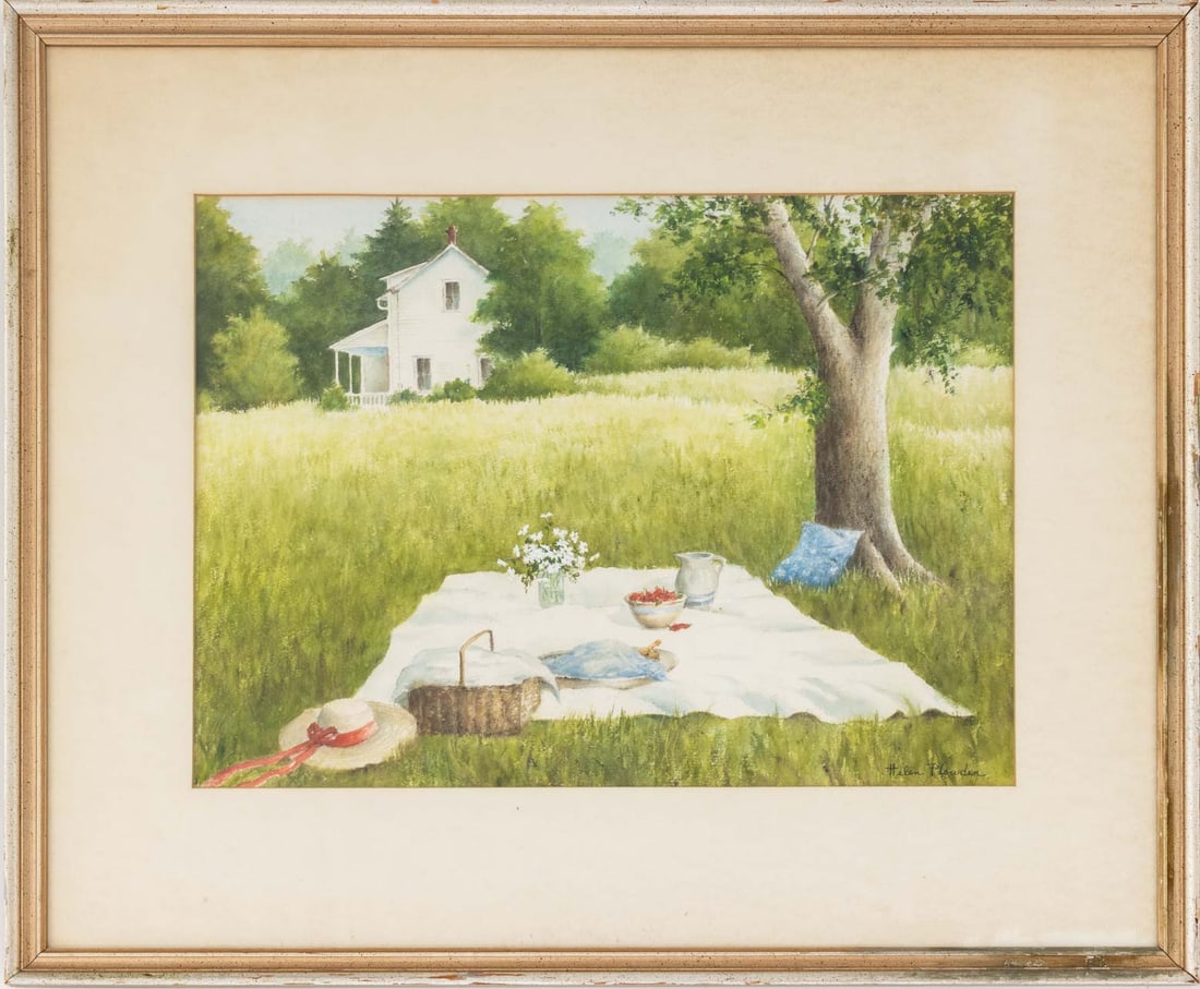 Helen Plowden Sunny Day Picnic Watercolor: Helen Plowden (American, XX), Sunny Day Picnic Landscape Scene, Watercolor on Paper, signed lower left, artist's label verso, silvered wood frame. Image: 15.5" H x 21.5" W; frame: 5.75" H x 3125" W x