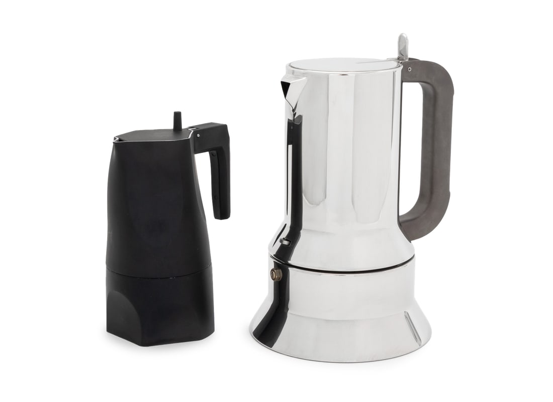 Alessi Italian Espresso Coffee Makers, 2: Two Alessi Italian Espresso Coffee Makers, comprising: Richard Sapper stainless espresso coffee maker, marked "Alessi / Italy / Richard Sapper / 1979 / Induction" to underside and Mario Trimarchi