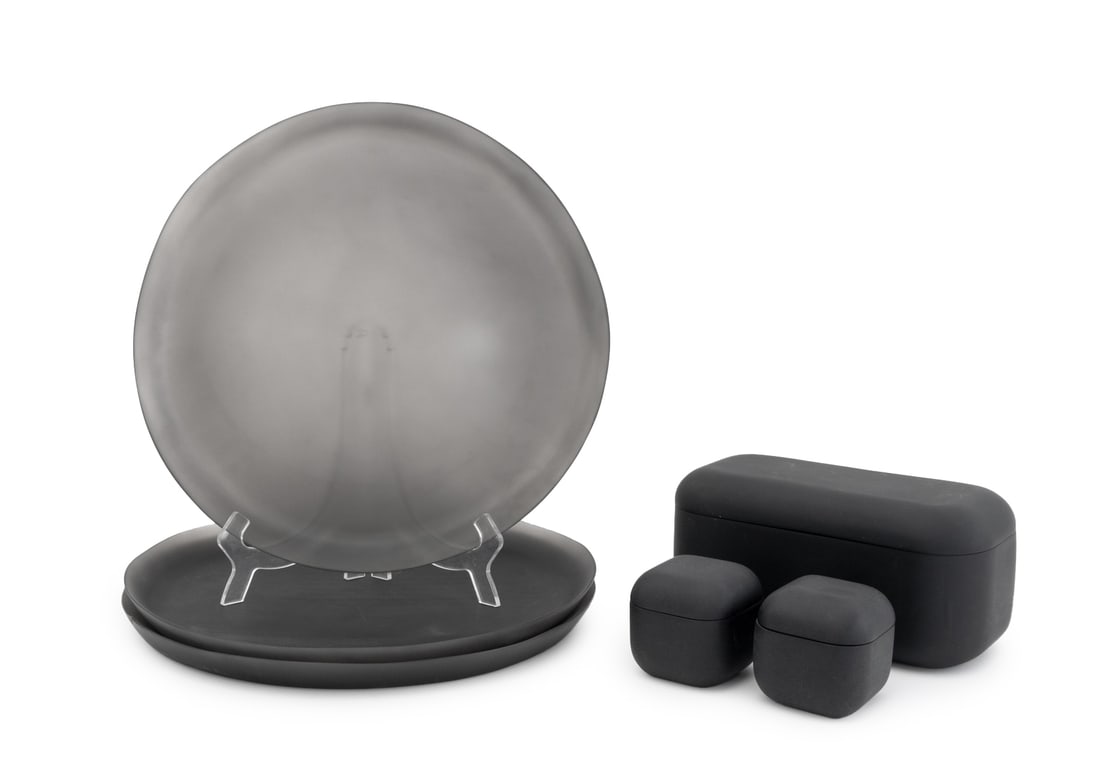 Tina Frey Black Resin Tableware, 6 Pcs.: Group of Six Tina Frey Black Resin Tableware Pieces, comprising: (3) three circular trays, (1) one rectangular covered box, and (2) square covered boxes, each stamped "tf" to underside. Largest: