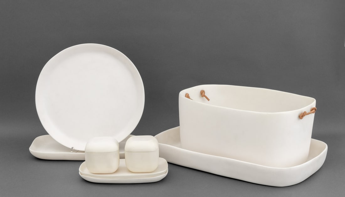Tina Frey White Resin Tableware, 8 Pcs.: Group of Eight Tina Frey White Resin Tableware Pieces, comprising: (1) one circular tray, (2) pair of square covered boxes, (2) pair of oval trays, (1) one rectangular tray with rounded corners, (1)