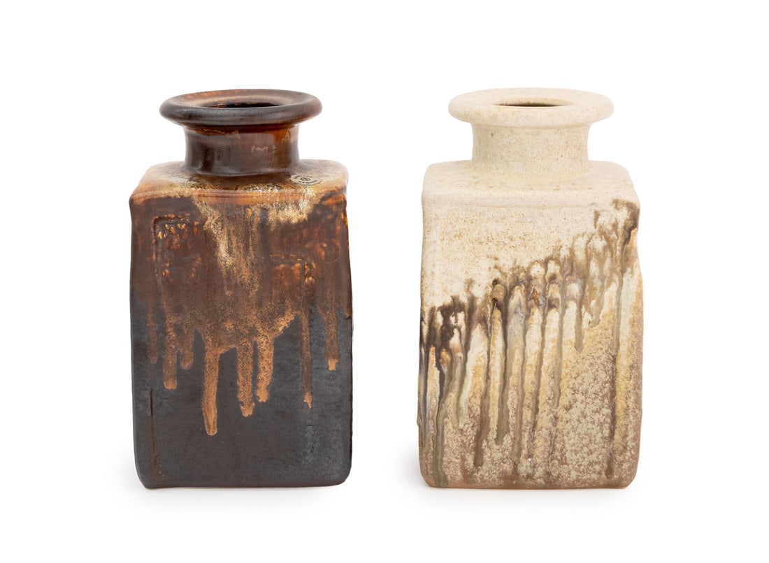 Heiner Balzar Glazed Stoneware Bottle Vases, 2: Two Heiner Balzar (German, b. 1937) for Steuler Glazed Stoneware Bottle Vases, each with drip glaze, one in dark brown and one in beige, each stamped to underside and one with "Steuler / Keramik"
