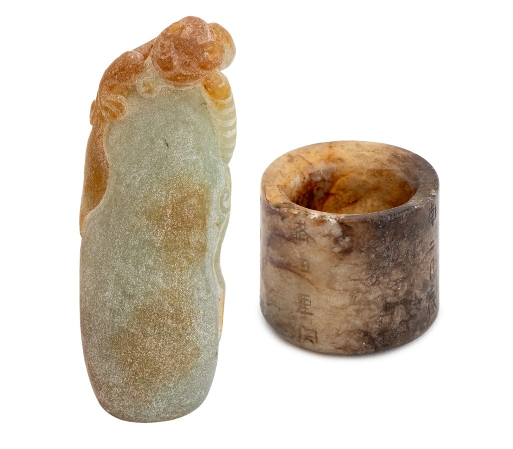 Chinese Jade Mythological Beast & Archer's Ring, 2: Chinese Jade Mythical Beast Carving and Archer's Ring, russet and celadon jade mythological beast carving with foo lion above an oval form, and brown jade archer's ring, with calligraphy to exterior.
